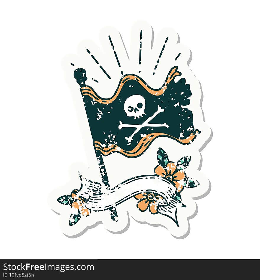 grunge sticker of tattoo style waving pirate flag