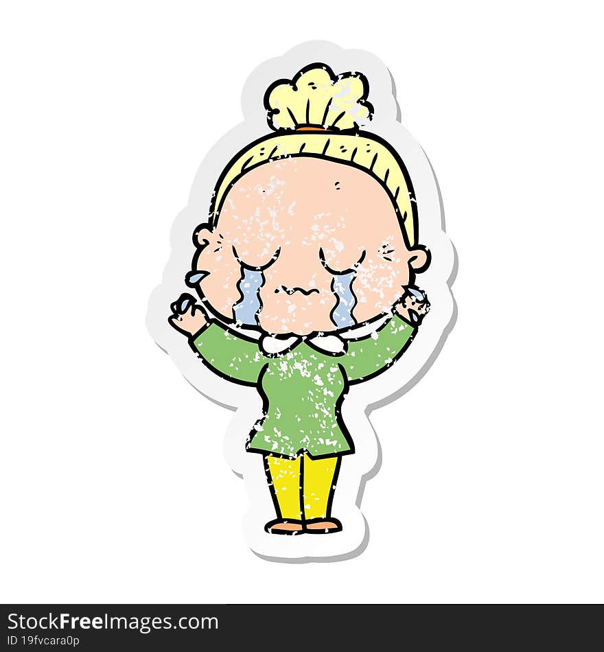 distressed sticker of a cartoon crying old lady