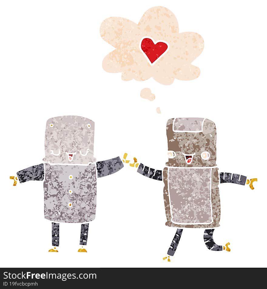 cartoon robots in love with thought bubble in grunge distressed retro textured style. cartoon robots in love with thought bubble in grunge distressed retro textured style