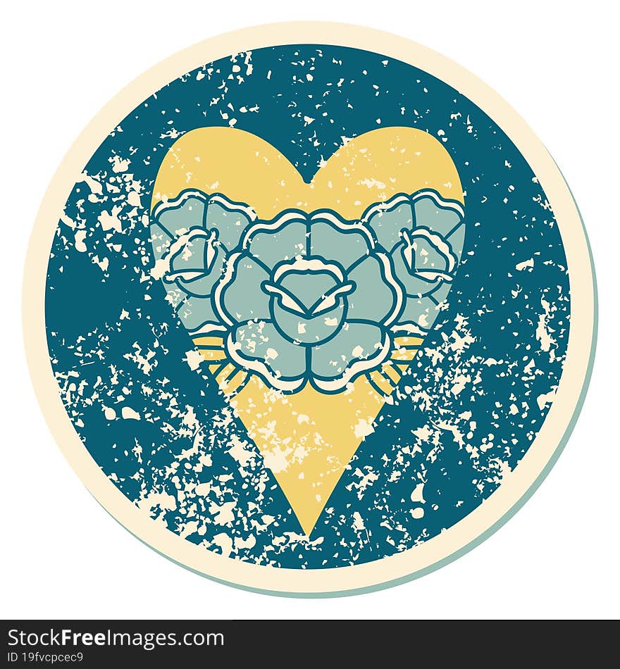 iconic distressed sticker tattoo style image of a heart and flowers. iconic distressed sticker tattoo style image of a heart and flowers