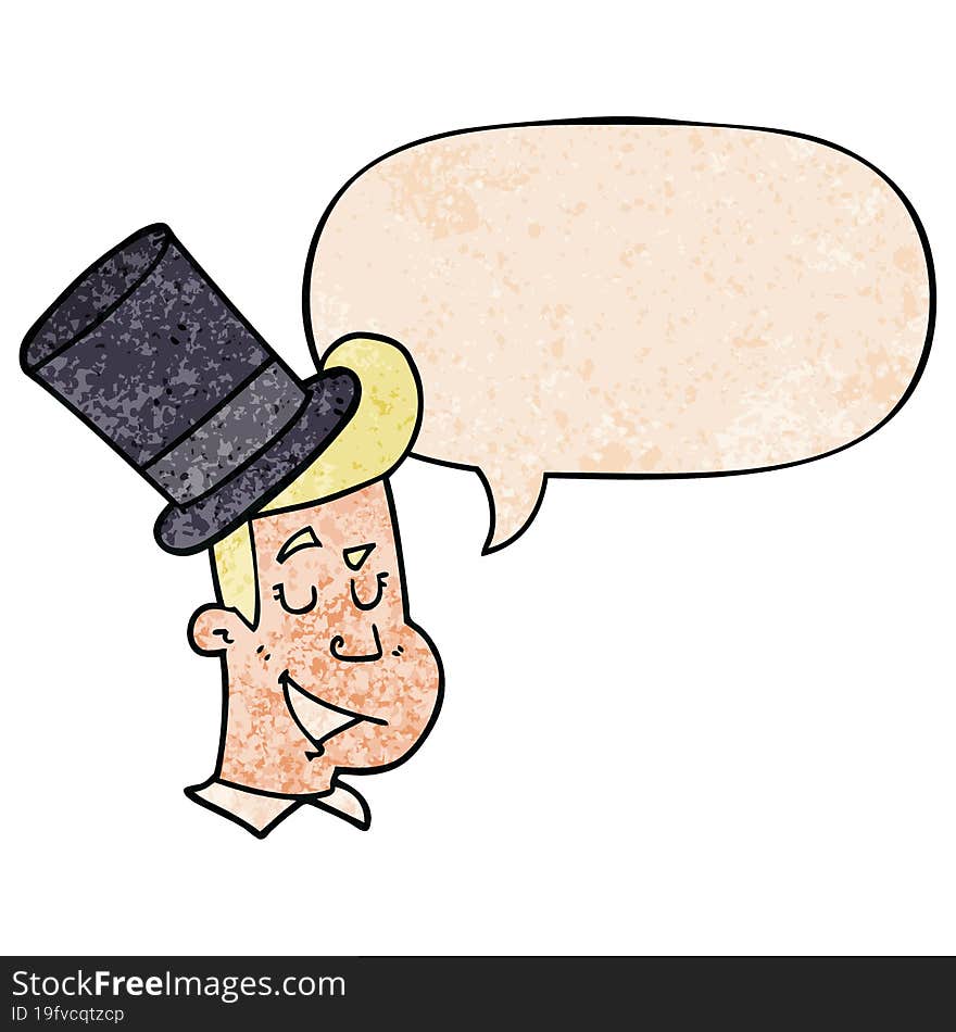 cartoon man wearing top hat with speech bubble in retro texture style