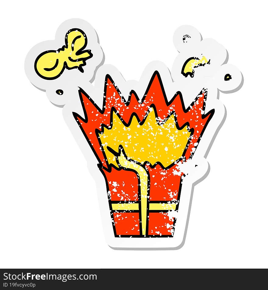 distressed sticker of a quirky hand drawn cartoon of an explosive present