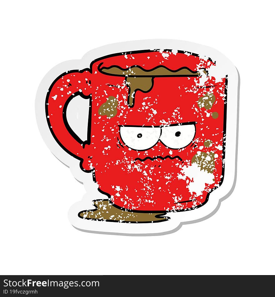 distressed sticker of a cartoon dirty office mug