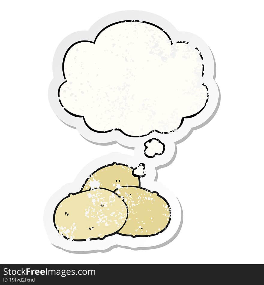 cartoon potatoes with thought bubble as a distressed worn sticker