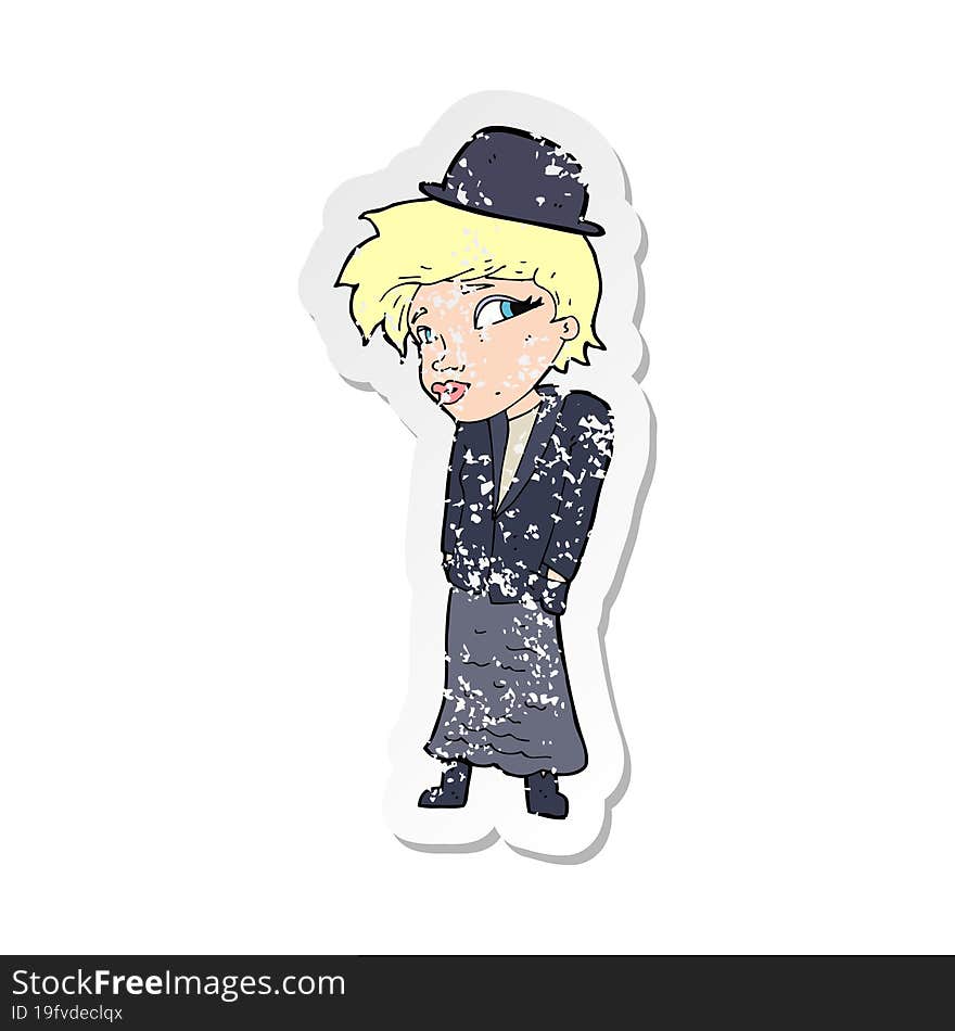 retro distressed sticker of a cartoon woman in bowler hat