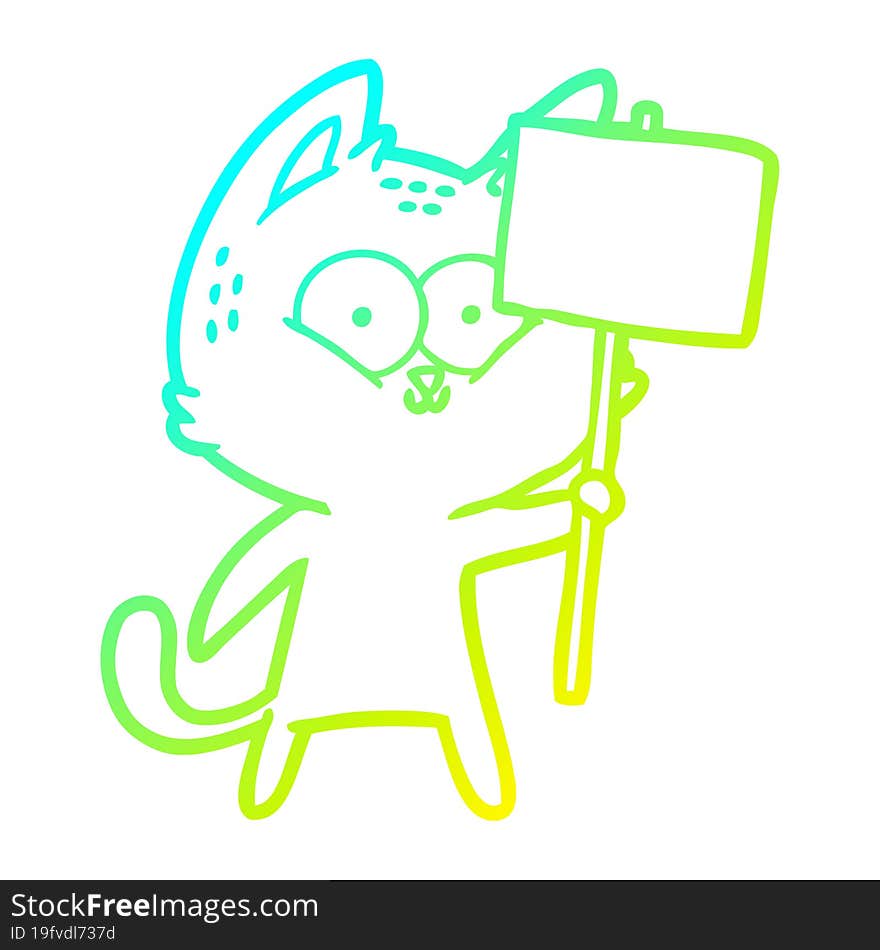 Cold Gradient Line Drawing Cartoon Cat With Placard