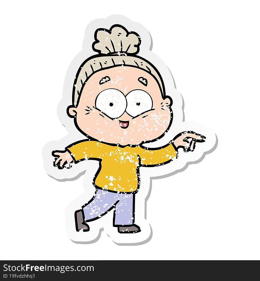 distressed sticker of a cartoon happy old woman