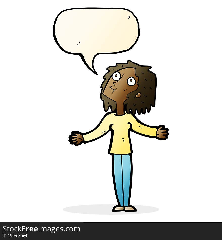 cartoon curious woman looking upwards with speech bubble