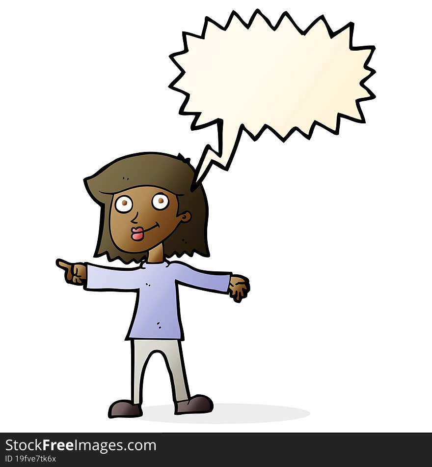 cartoon happy woman pointing with speech bubble