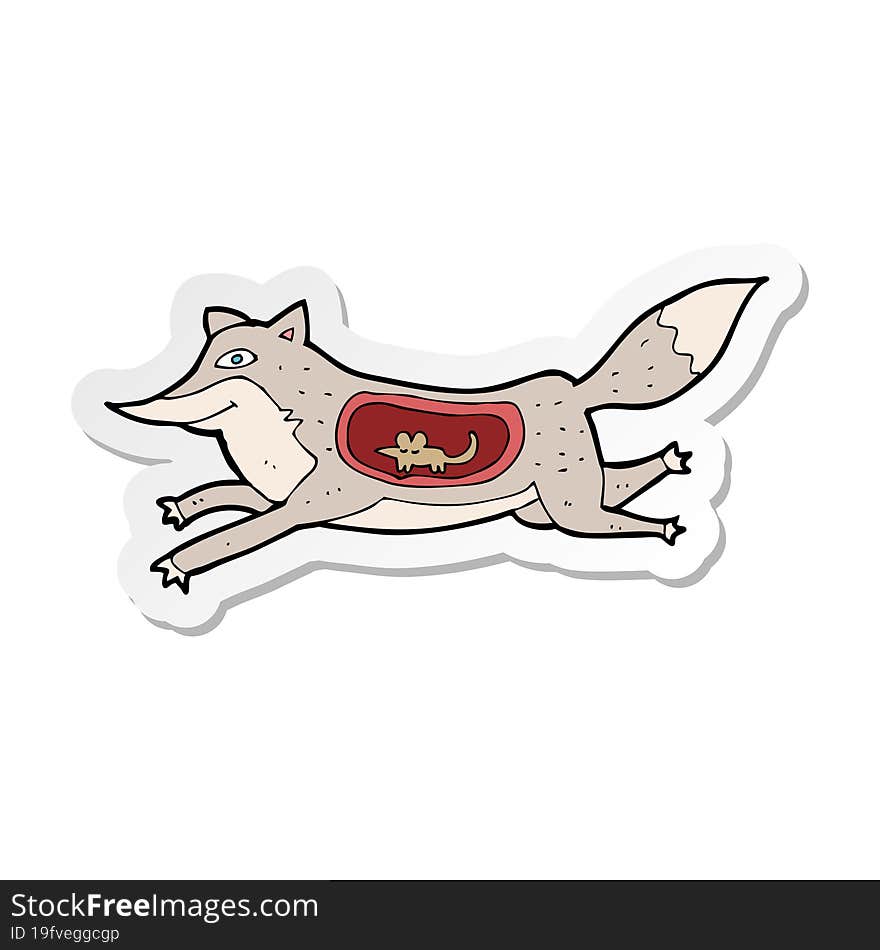 sticker of a cartoon wolf with mouse in belly