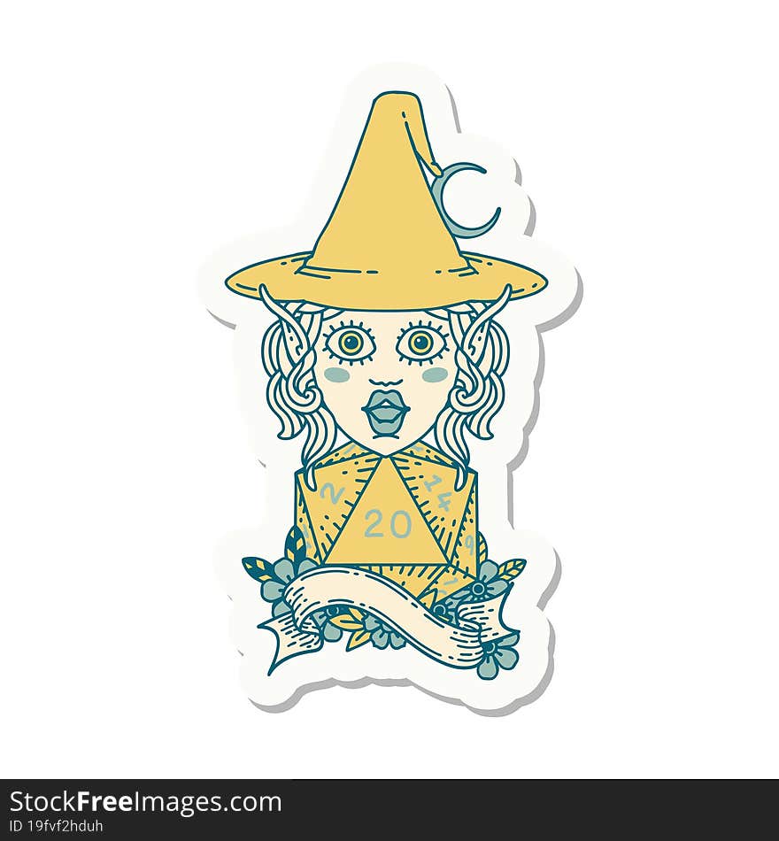 elf mage character with natural twenty dice roll sticker