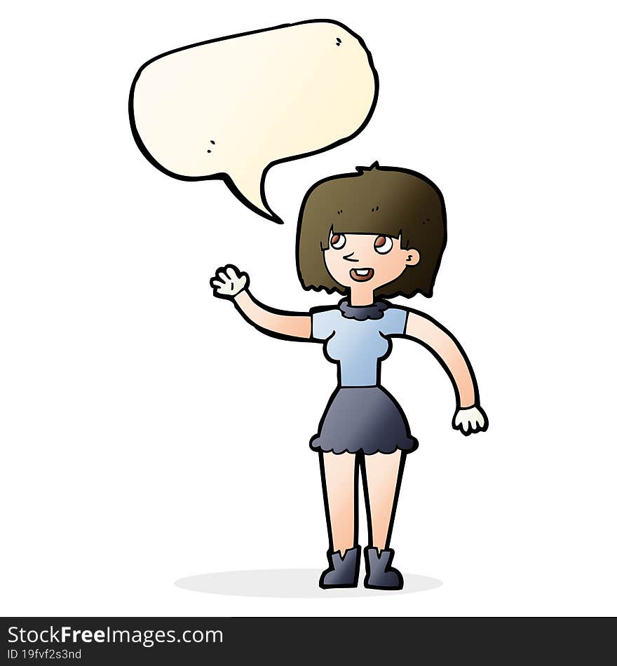 cartoon girl waving with speech bubble