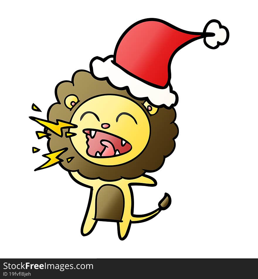 gradient cartoon of a roaring lion wearing santa hat