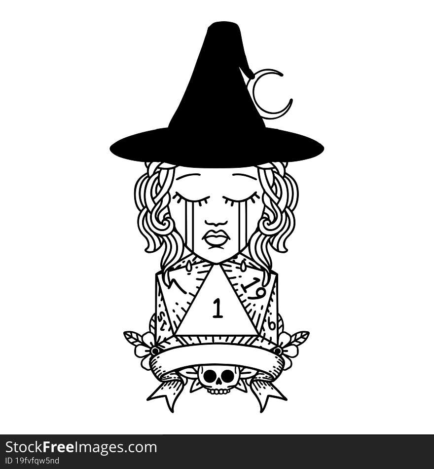 Black and White Tattoo linework Style crying human witch with natural one roll. Black and White Tattoo linework Style crying human witch with natural one roll