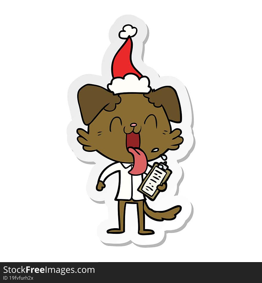 sticker cartoon of a panting dog with clipboard wearing santa hat