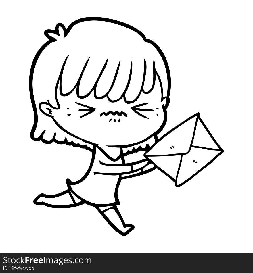 annoyed cartoon girl with letter. annoyed cartoon girl with letter