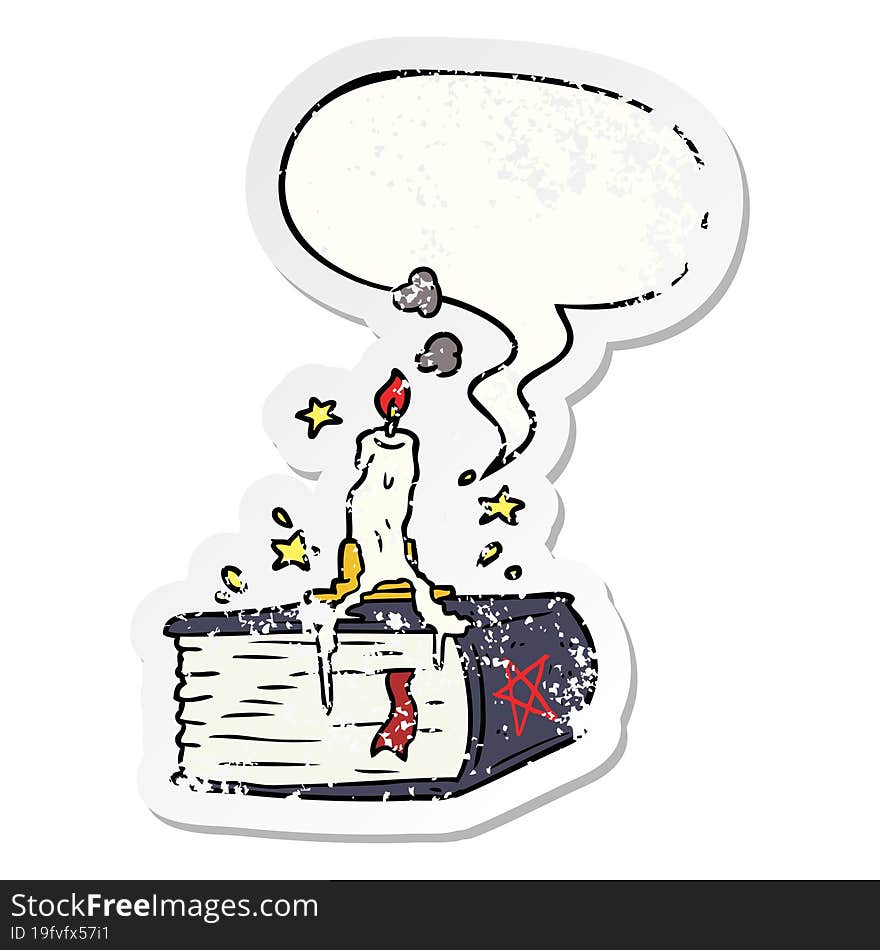 Cartoon Spooky Spellbook And Dribbling Candle And Speech Bubble Distressed Sticker