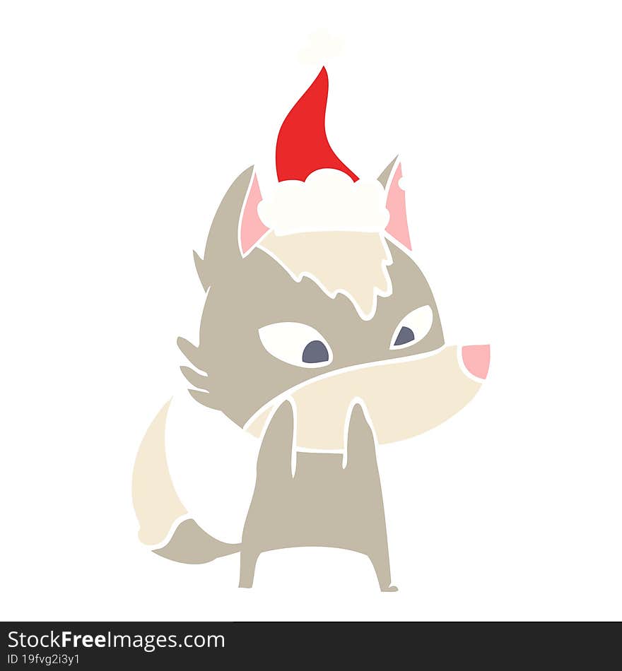 shy flat color illustration of a wolf wearing santa hat