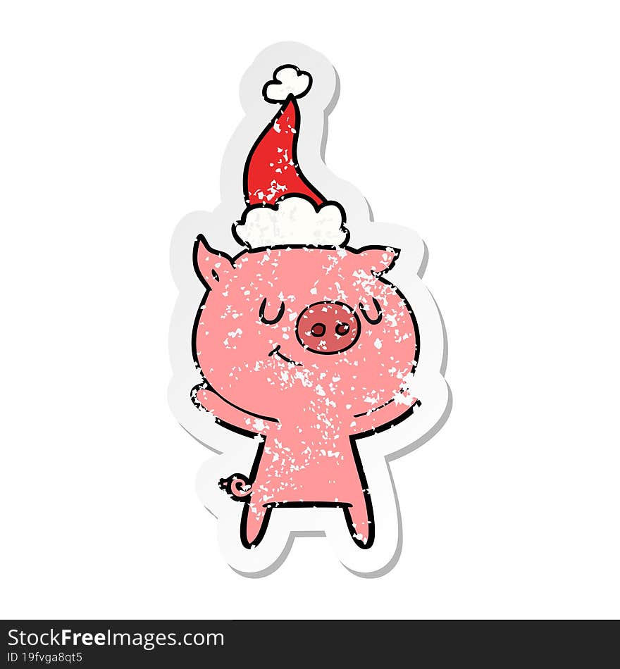 happy distressed sticker cartoon of a pig wearing santa hat