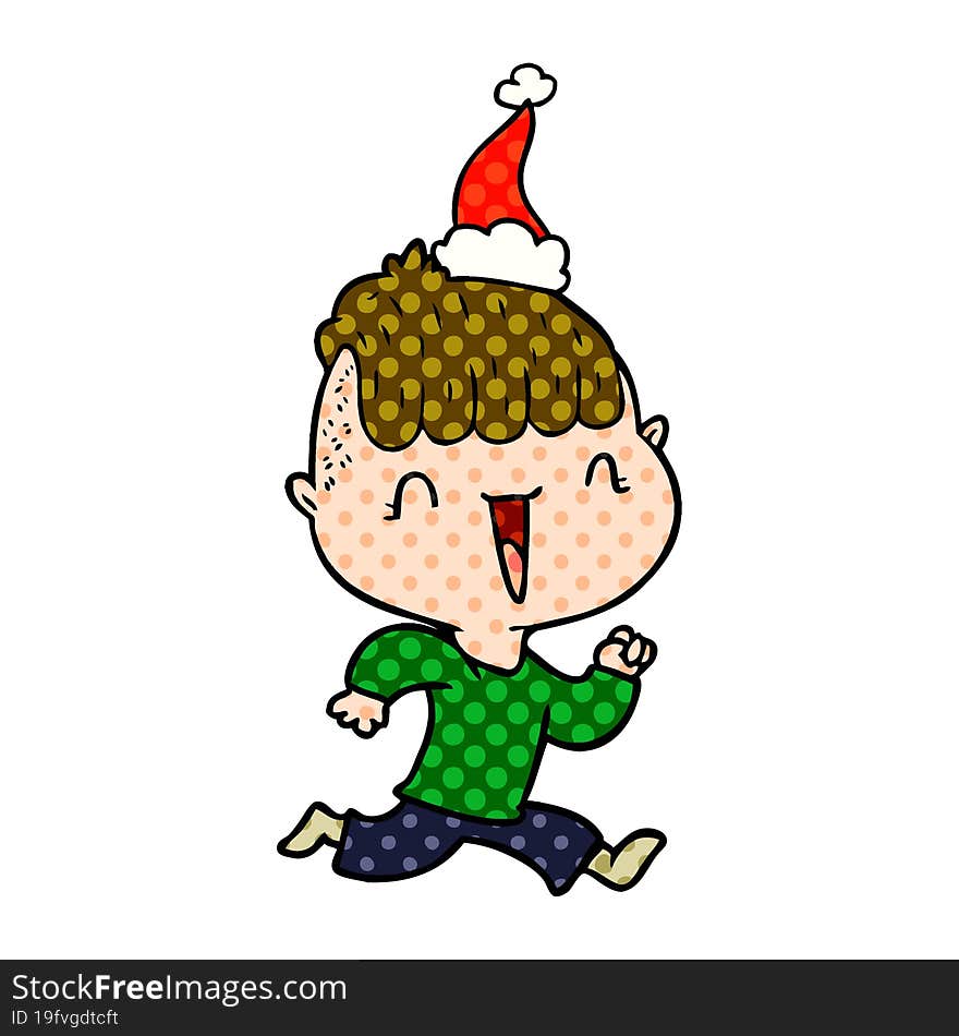 comic book style illustration of a happy boy surprised wearing santa hat