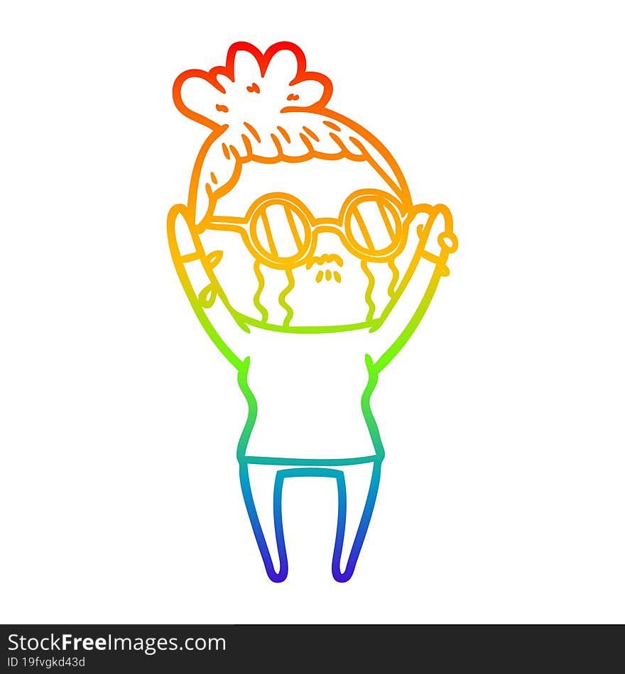 rainbow gradient line drawing cartoon crying woman wearing spectacles