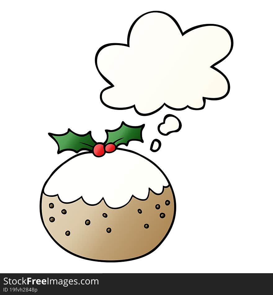 Cartoon Christmas Pudding And Thought Bubble In Smooth Gradient Style