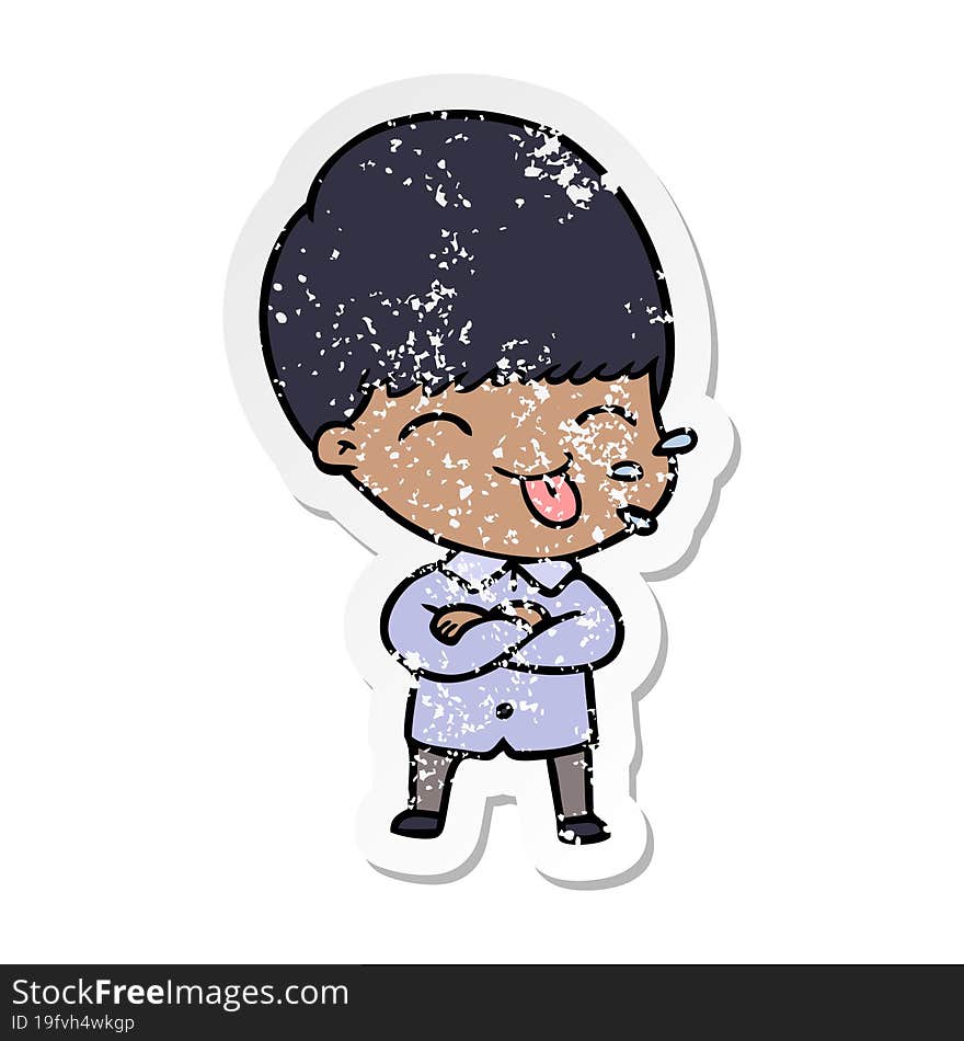 distressed sticker of a cartoon boy sticking out tongue