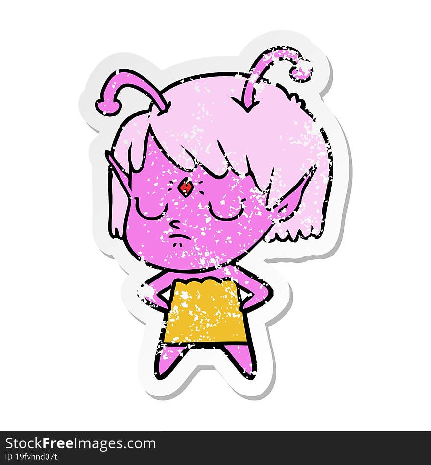 distressed sticker of a cartoon alien girl