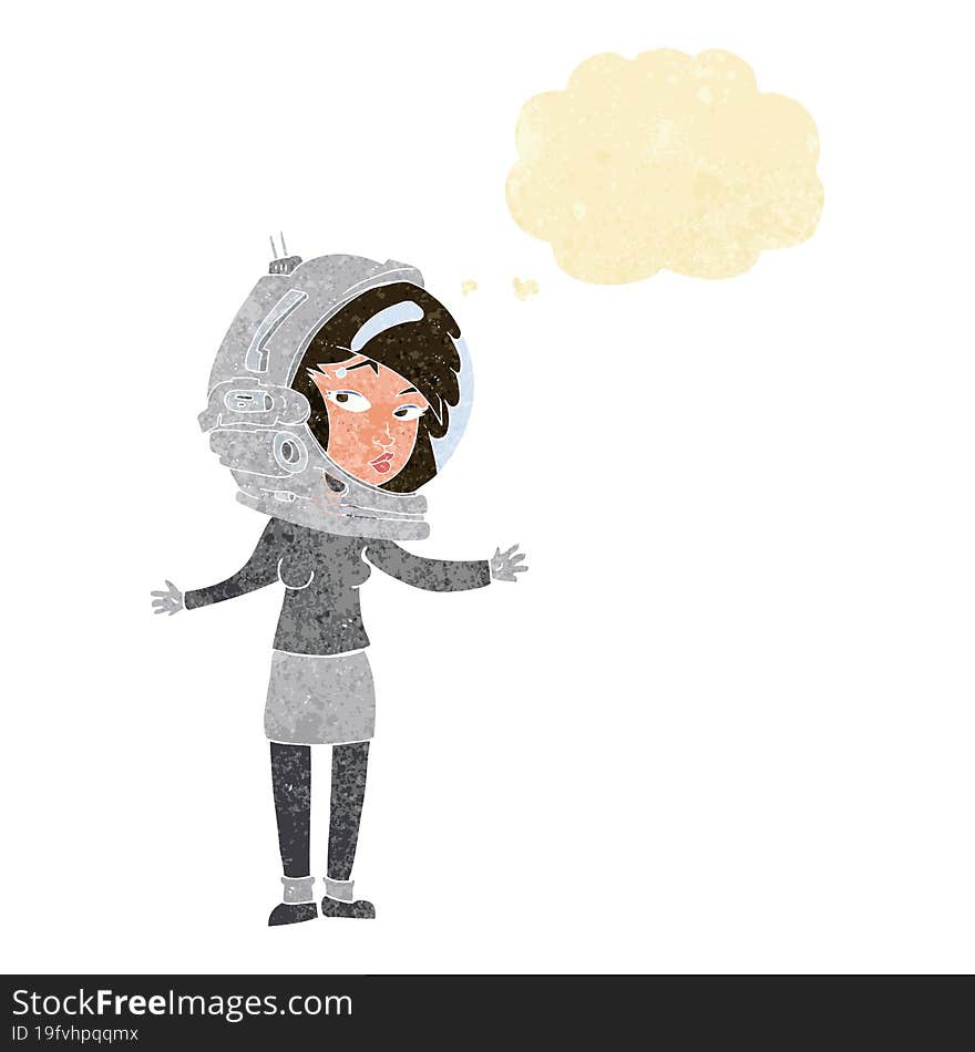 cartoon woman wearing astronaut helmet with thought bubble