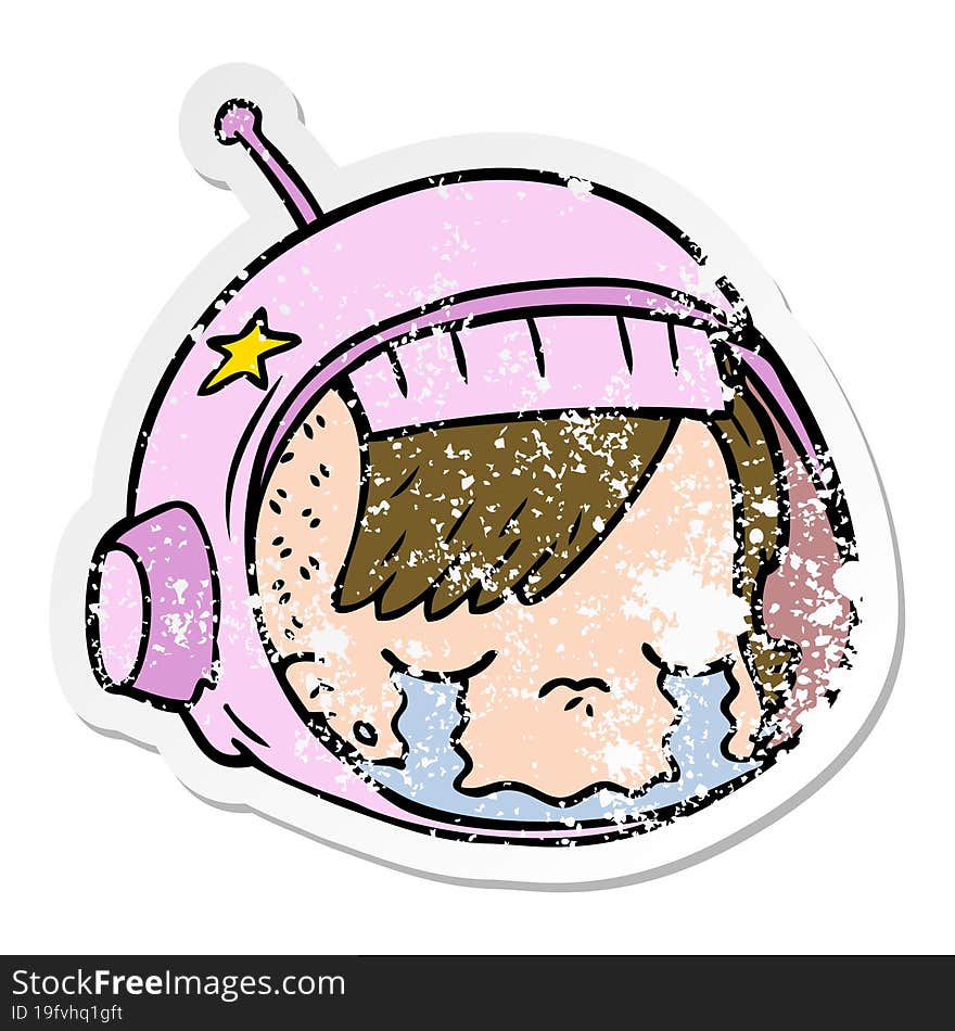 Distressed Sticker Of A Cartoon Astronaut Face Crying