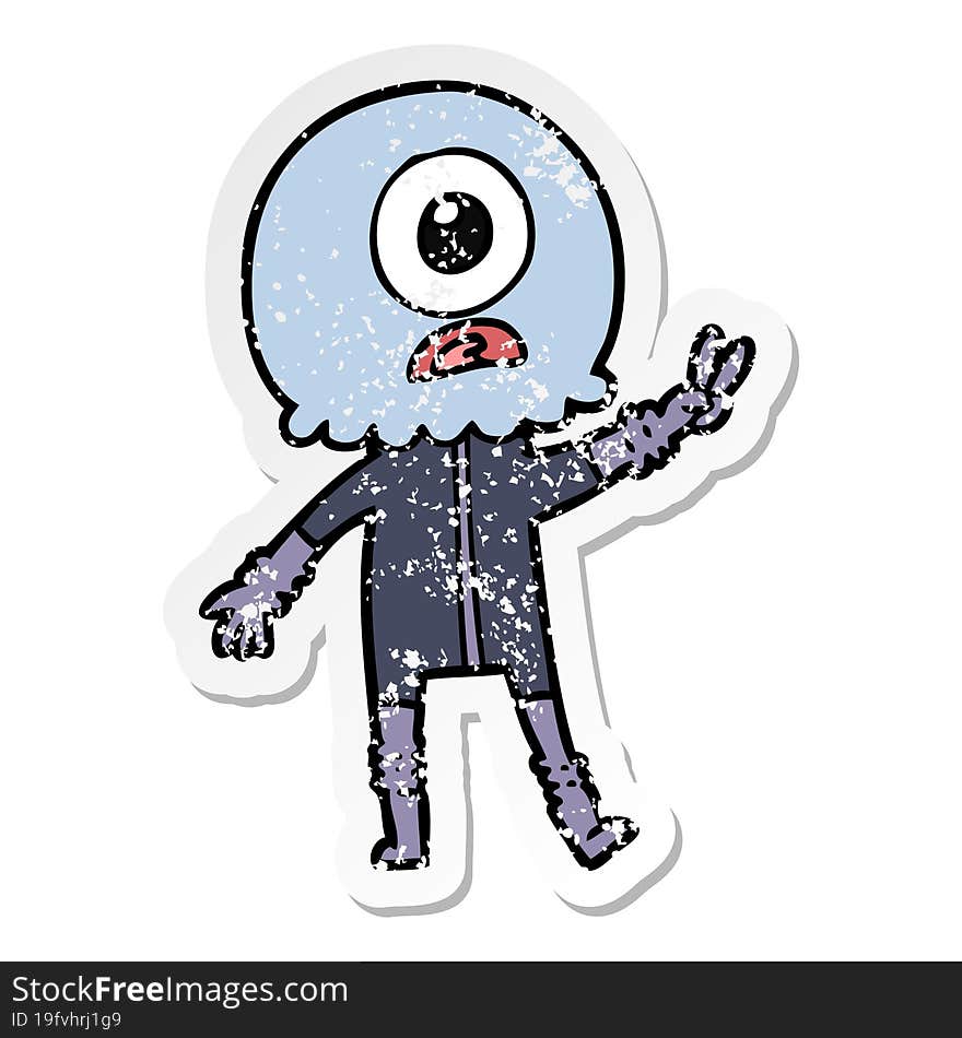 distressed sticker of a cartoon cyclops alien spaceman giving peace sign