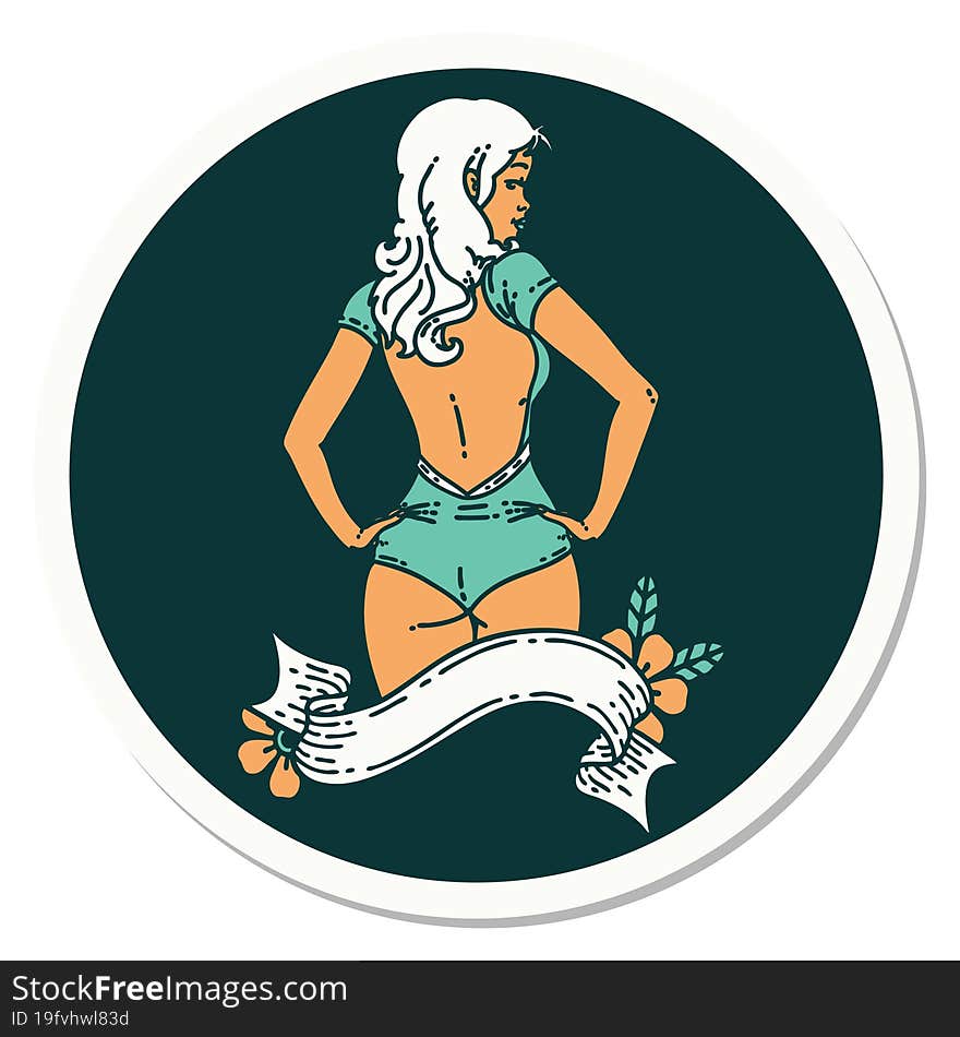 sticker of tattoo in traditional style of a pinup swimsuit girl with banner. sticker of tattoo in traditional style of a pinup swimsuit girl with banner