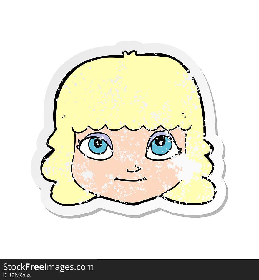 retro distressed sticker of a cartoon happy female face