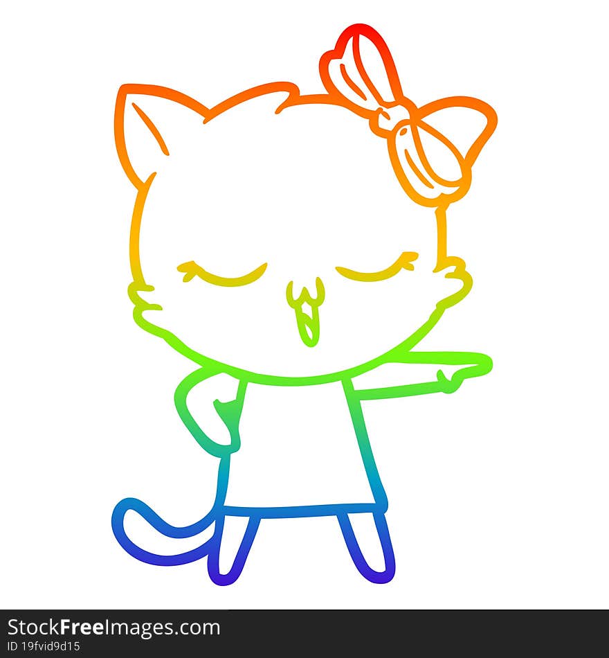 Rainbow Gradient Line Drawing Cartoon Cat With Bow On Head