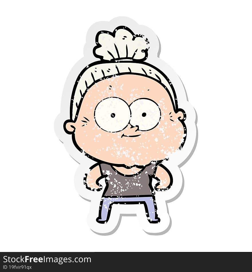 distressed sticker of a cartoon happy old woman