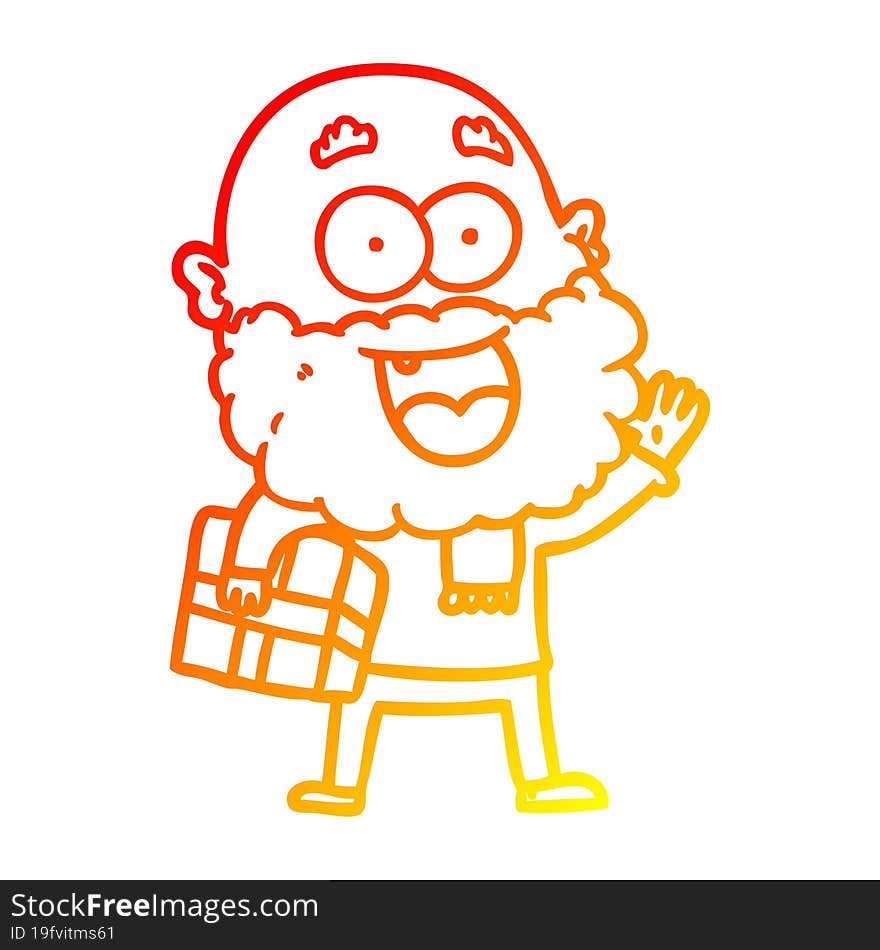 Warm Gradient Line Drawing Cartoon Crazy Happy Man With Beard And Gift Under Arm