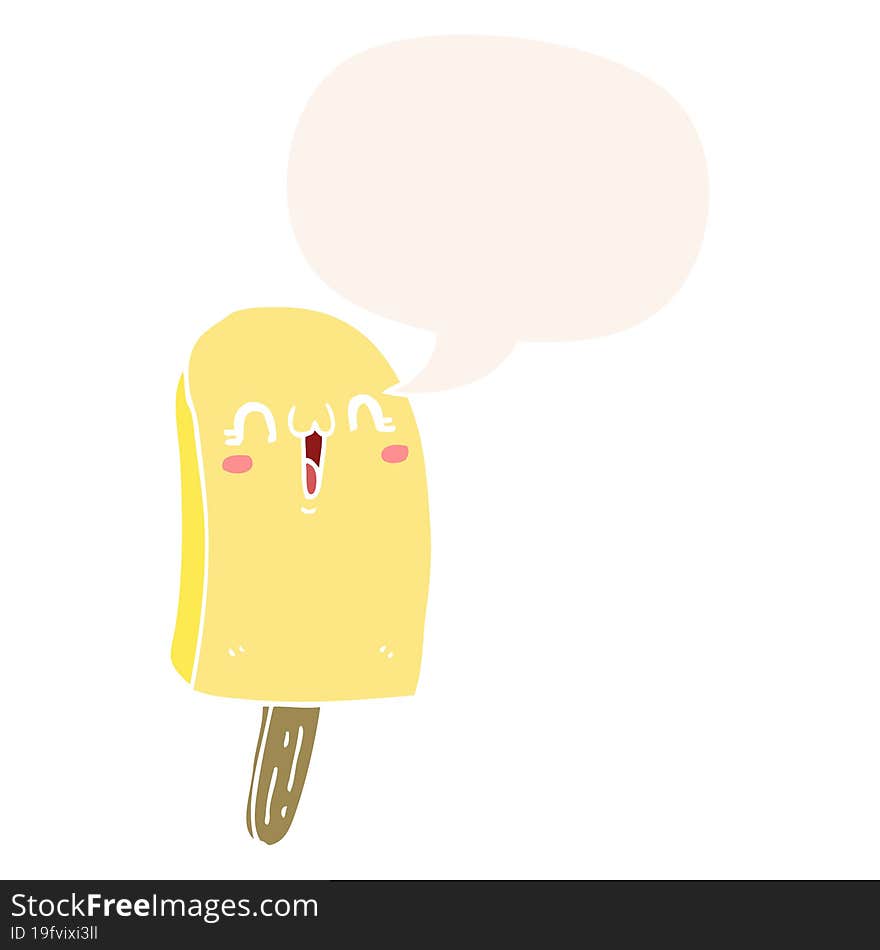 cartoon frozen ice lolly and speech bubble in retro style