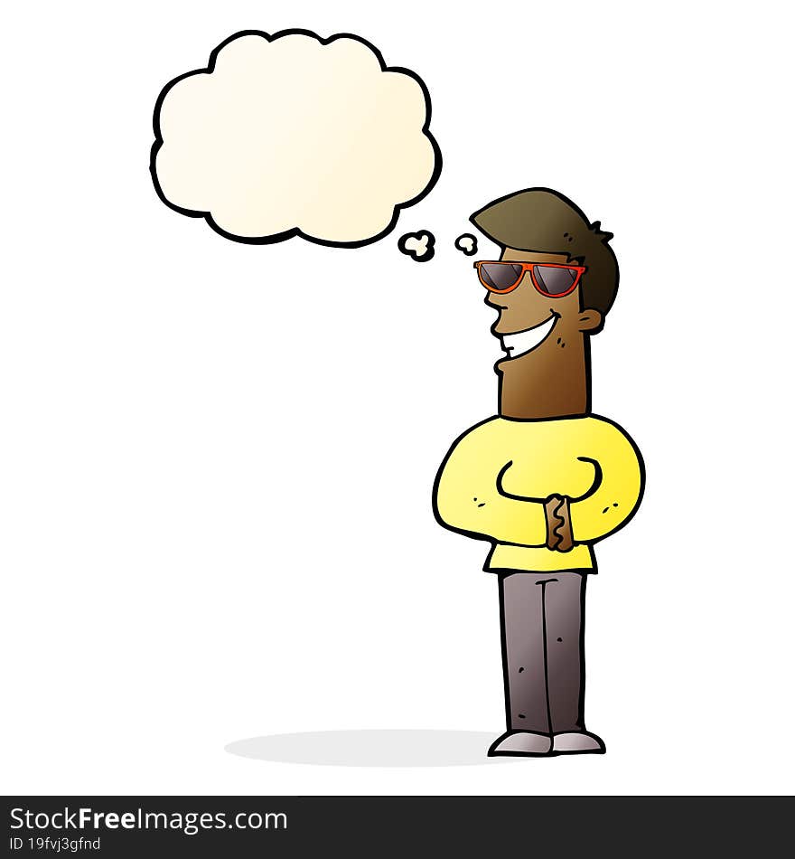 cartoon grinning man wearing sunglasses with thought bubble