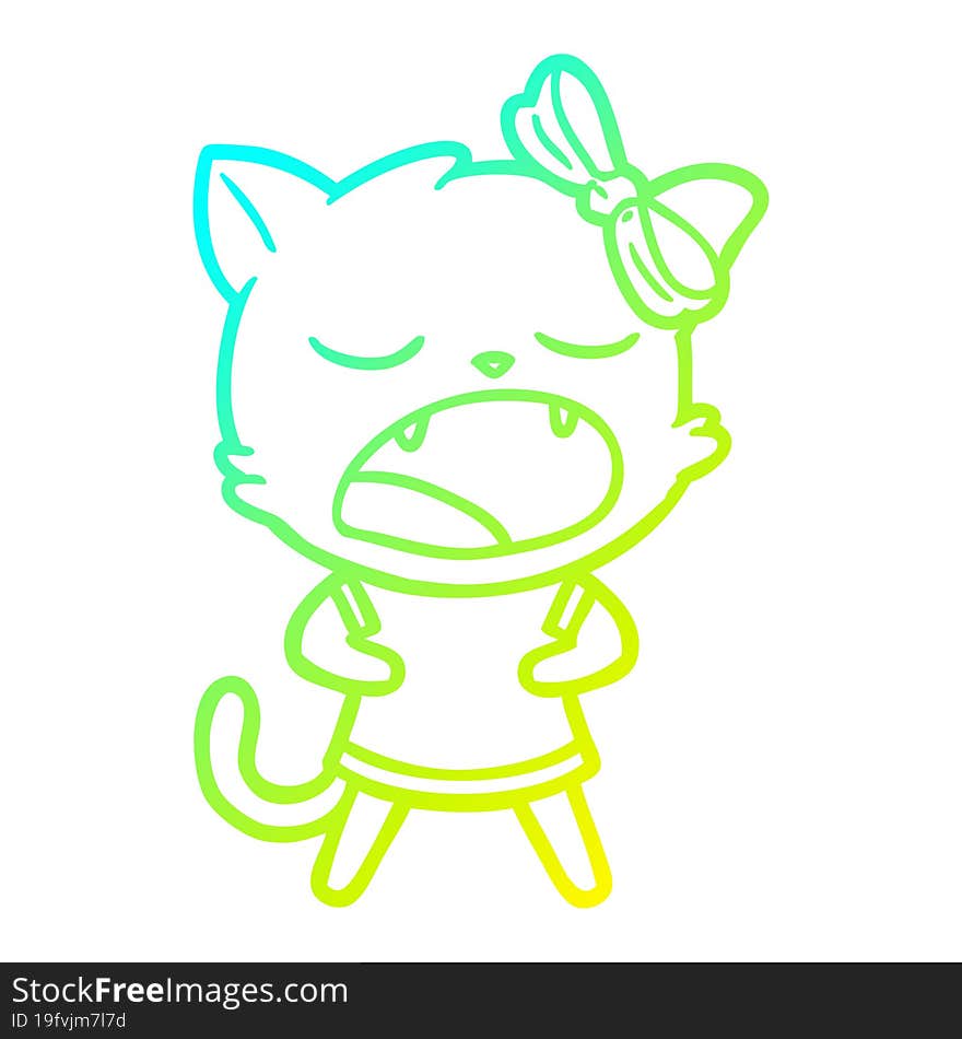 Cold Gradient Line Drawing Cartoon Yawning Cat