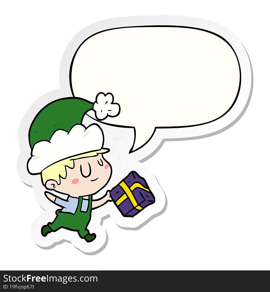 cartoon happy christmas elf and present and speech bubble sticker