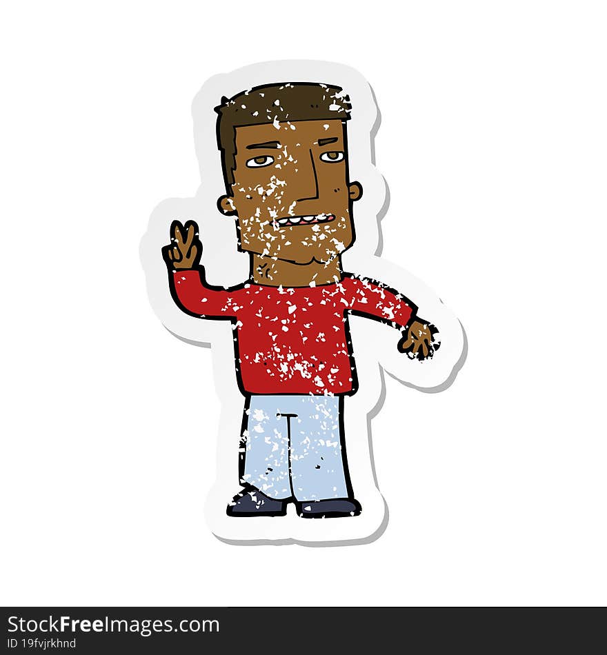 retro distressed sticker of a cartoon man giving peace sign