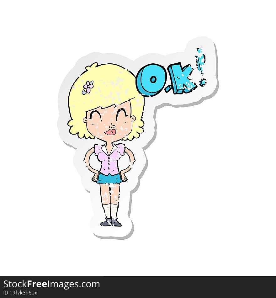 Retro Distressed Sticker Of A Cartoon Woman Thinking OK