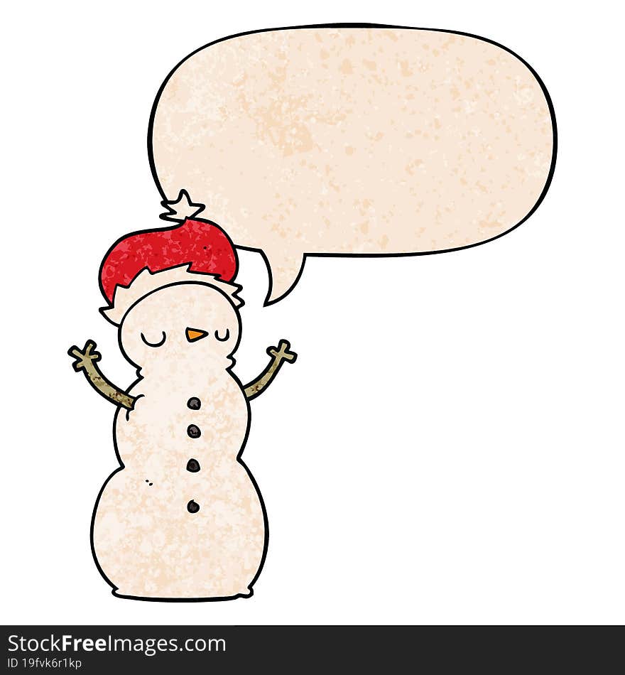 cartoon snowman and speech bubble in retro texture style