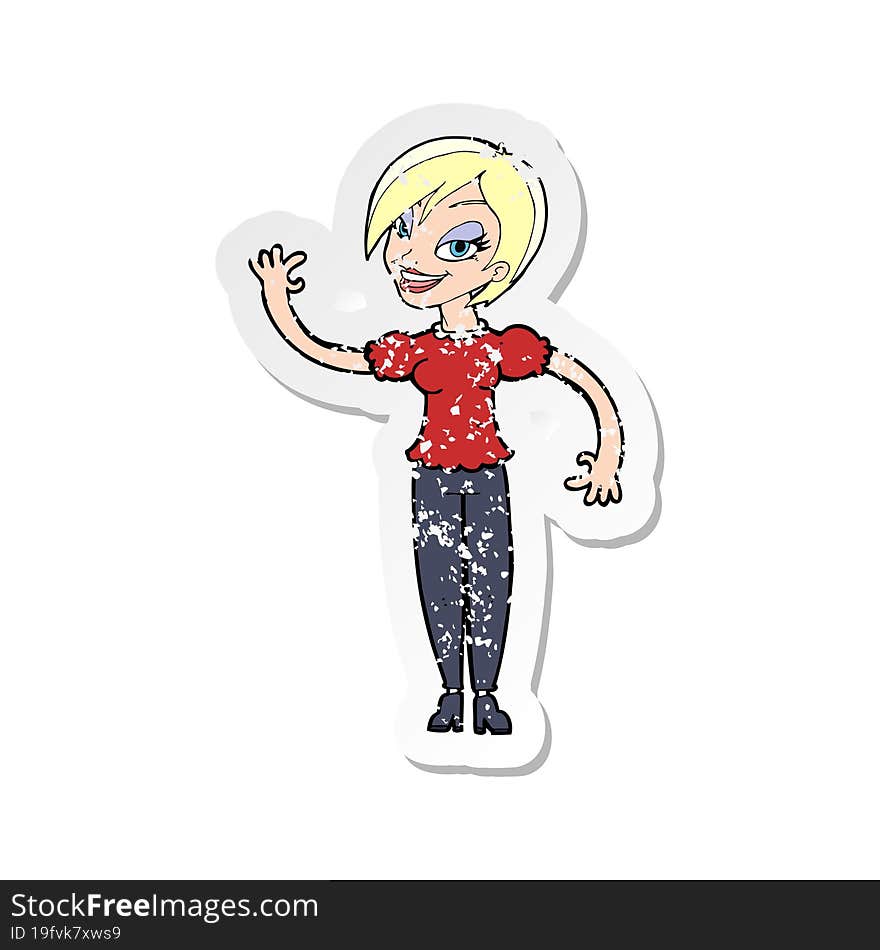 retro distressed sticker of a cartoon woman waving