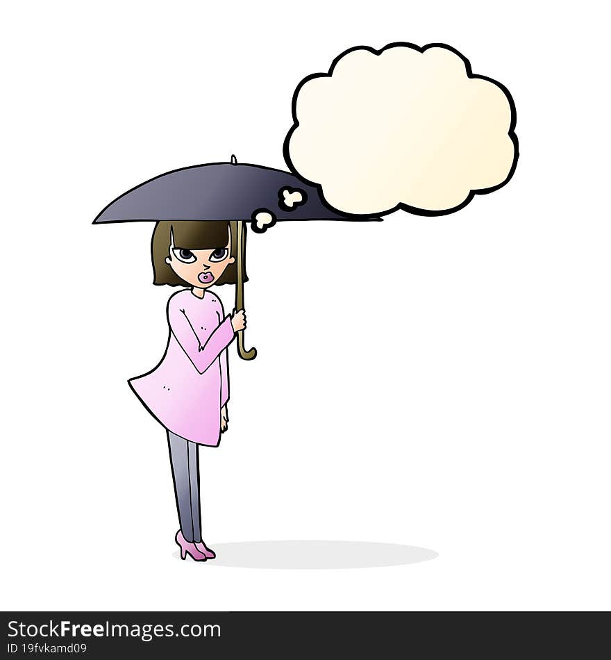 Cartoon Woman With Umbrella With Thought Bubble