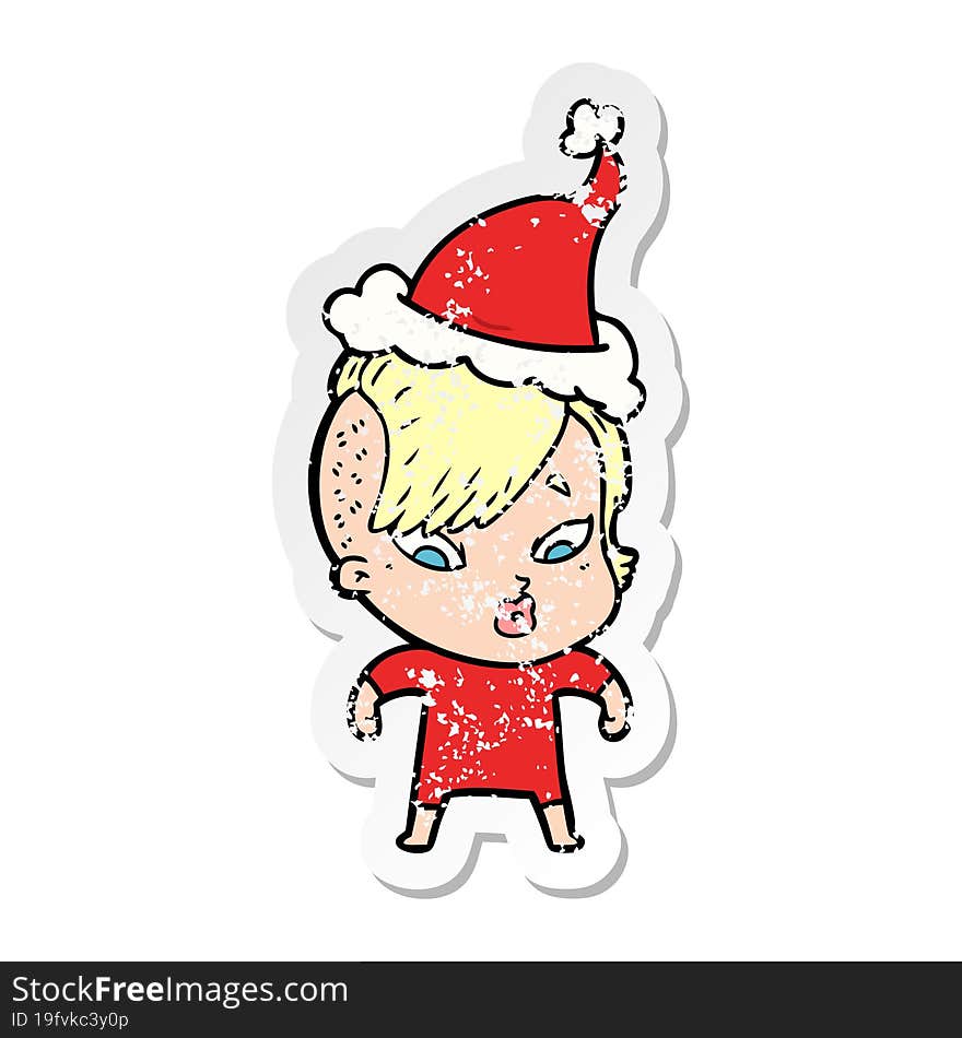 distressed sticker cartoon of a surprised girl wearing santa hat