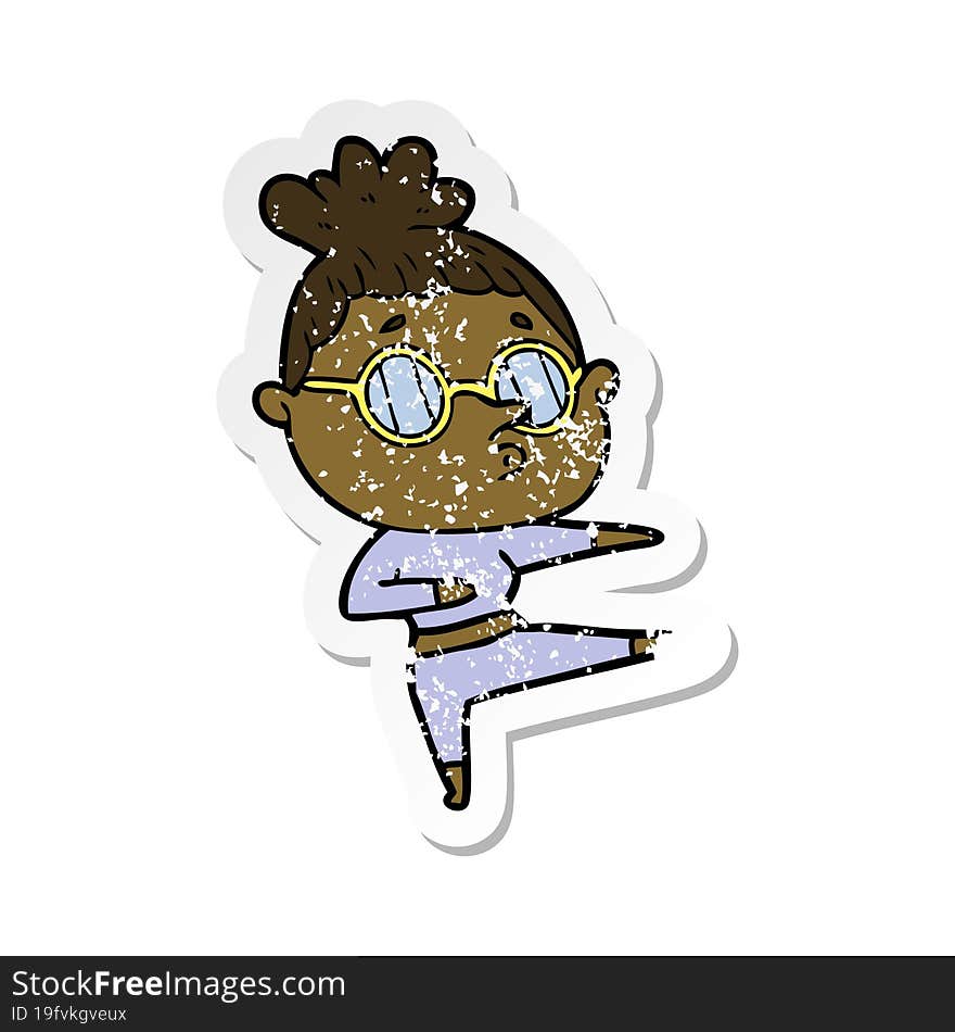 Distressed Sticker Of A Cartoon Woman Wearing Glasses