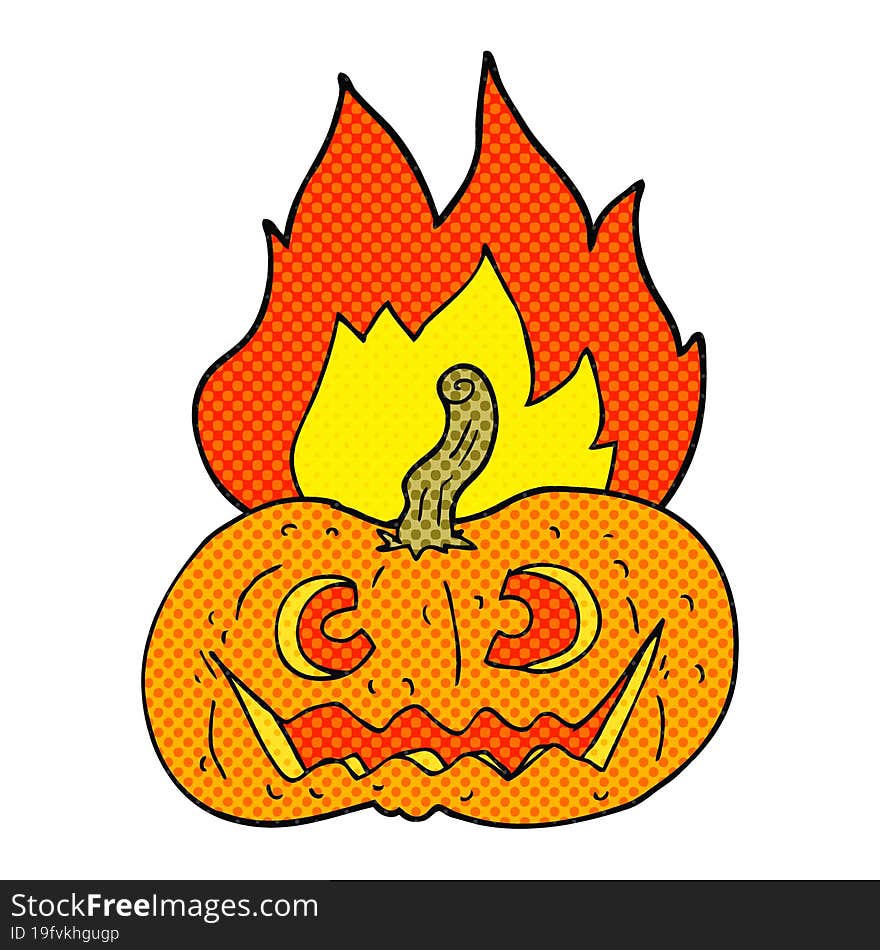 freehand drawn comic book style cartoon flaming halloween pumpkin