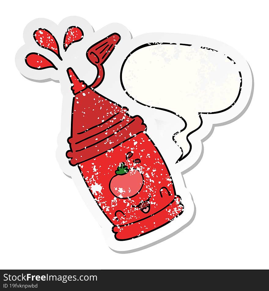 cartoon ketchup bottle and speech bubble distressed sticker