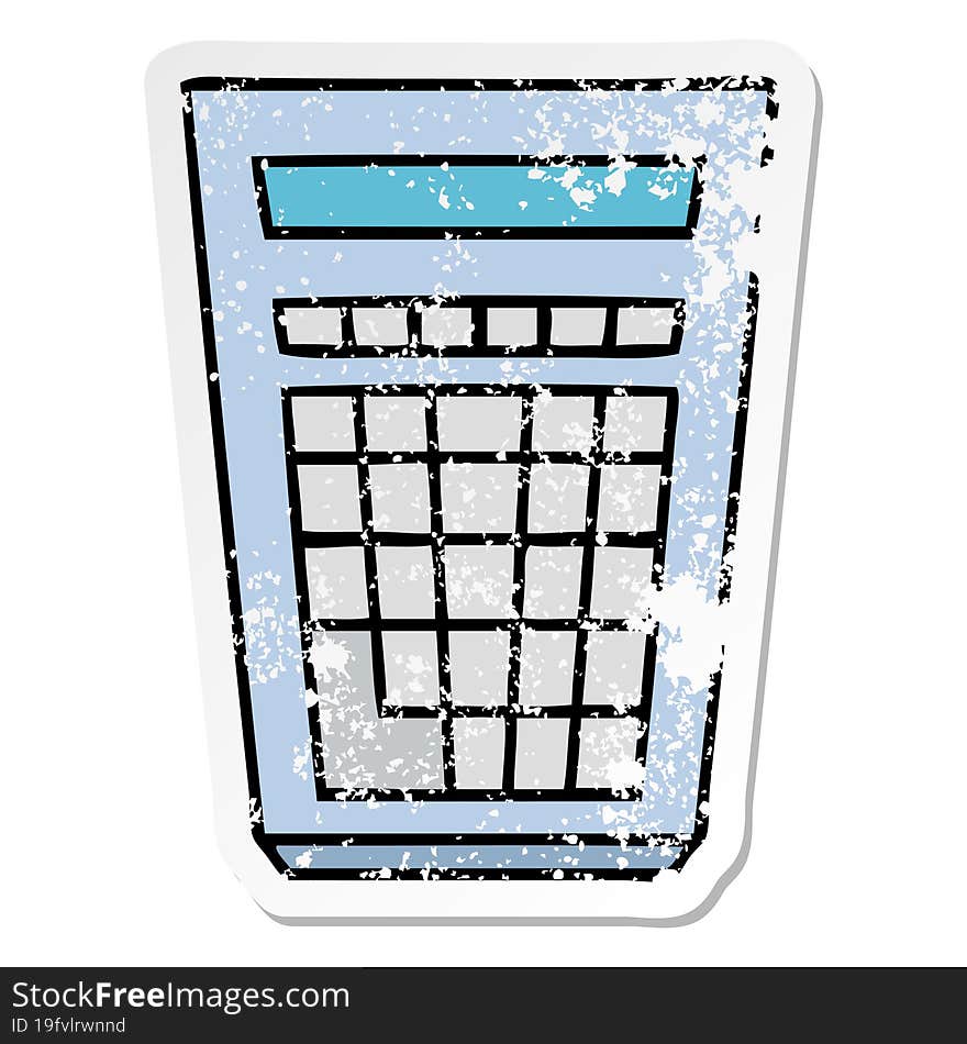 distressed sticker of a quirky hand drawn cartoon calculator